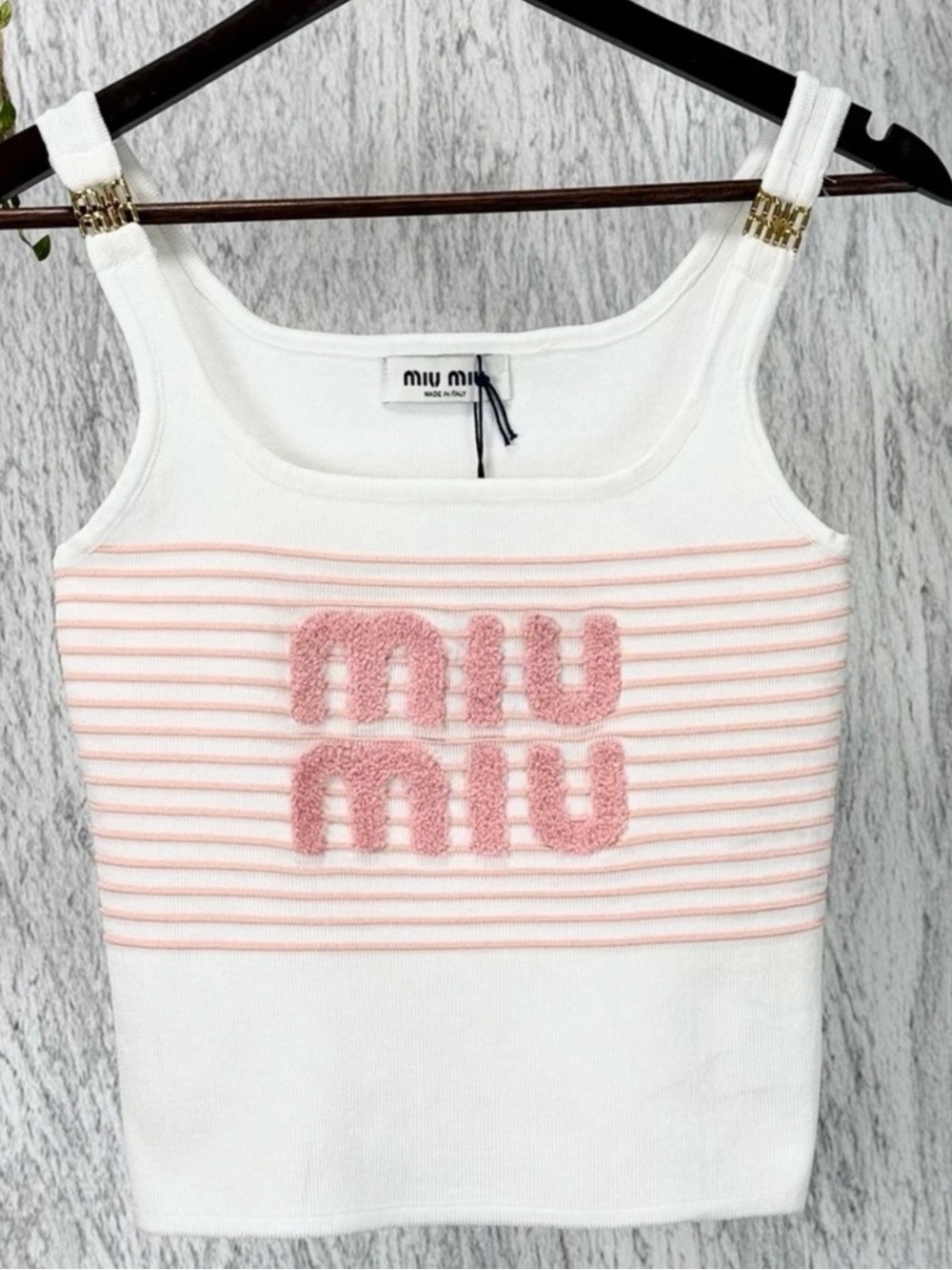 Miu Miu White and Pink Logo Knit Tank Top